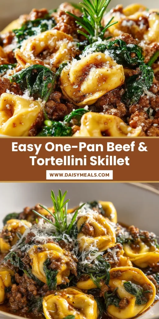 Beef and Spinach Tortellini in Garlic Butter Sauce 4 Extreme close-up of cheesy tortellini with seasoned ground beef and wilted spinach, coated in a glossy garlic butter sauce, served in a white ceramic bowl.