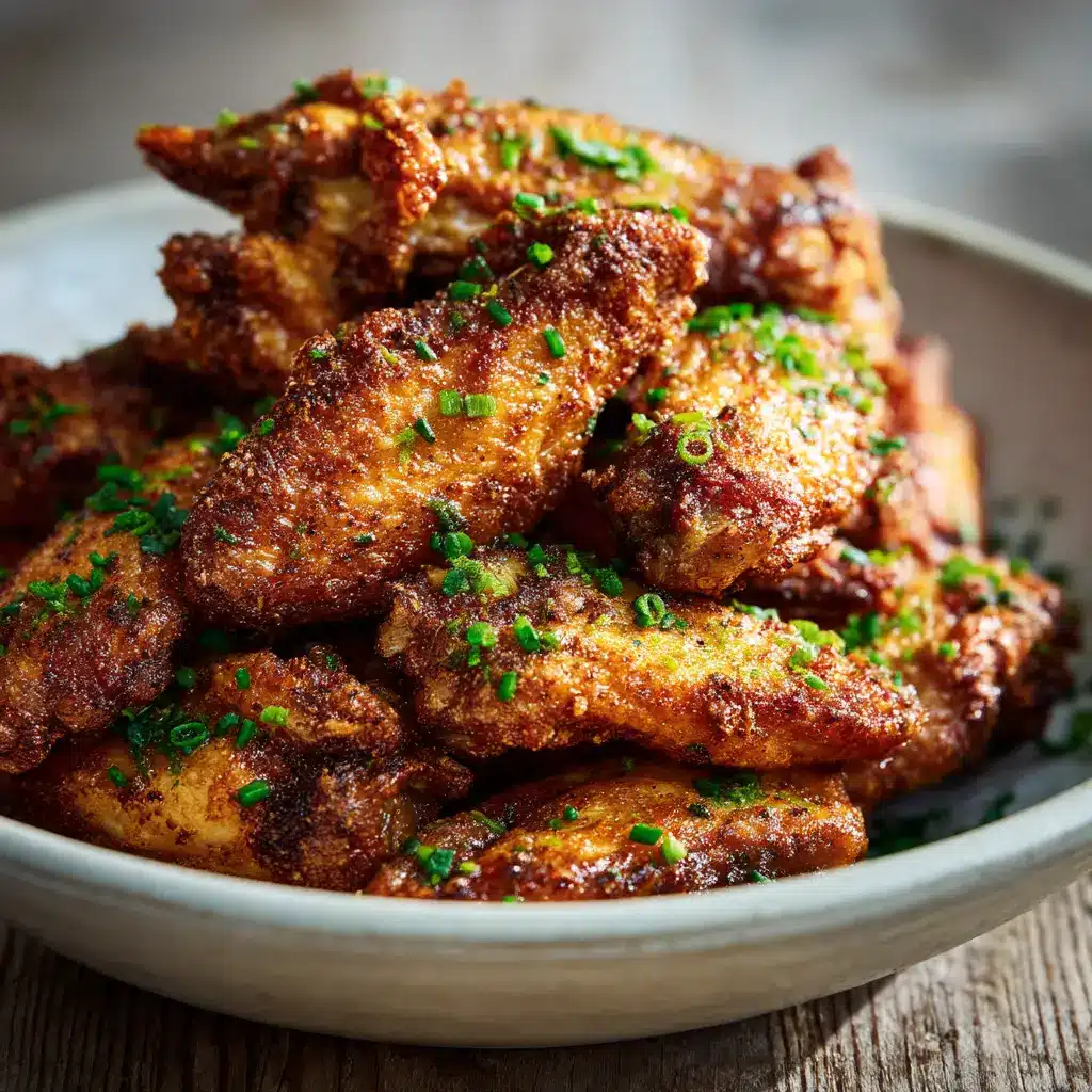 Overhead shot of golden-brown crispy dry rub chicken wings sprinkled with finely chopped green chives on a rustic wooden surface.