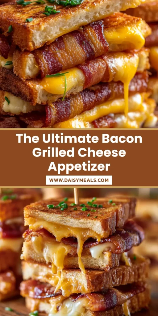 A towering stack of bacon wrapped grilled cheese fingers on a rustic wooden board, oozing melted cheddar and topped with fresh chives.