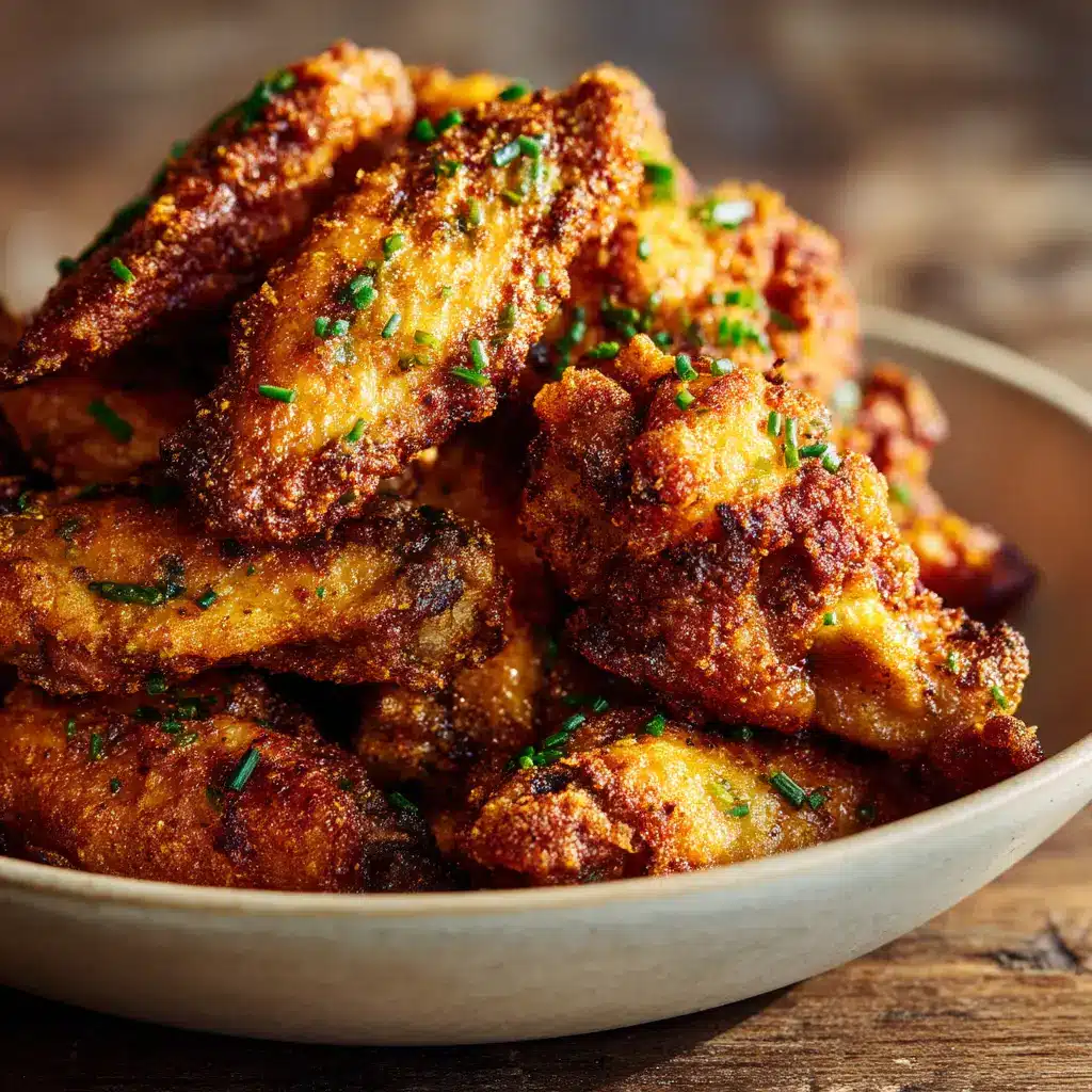 Close up of glistening, golden-brown chicken wings coated in a smoky dry rub.