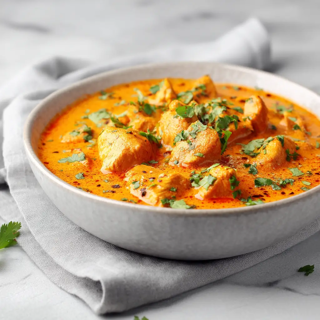 Ingredients for Butter Chicken Recipe laid out on a white marble surface next to a grey linen napkin.