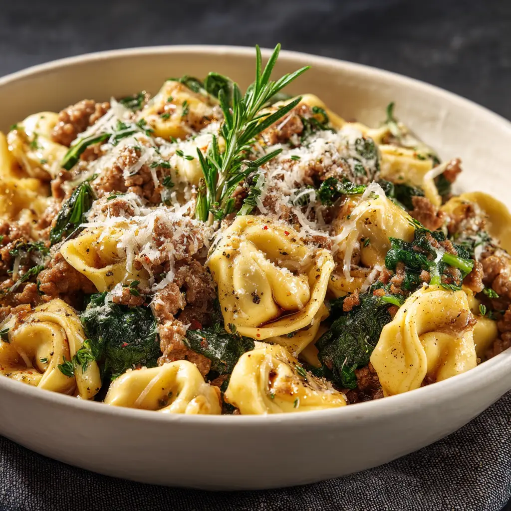 Beef and Spinach Tortellini in Garlic Butter Sauce 2 Ingredients for Beef and Spinach Tortellini including fresh cheese tortellini, raw ground beef, baby spinach, butter, garlic, and freshly grated parmesan cheese.