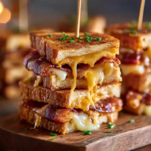 Extreme close-up of melted cheddar cheese oozing out of crispy bacon wrapped grilled cheese squares secured with toothpicks.