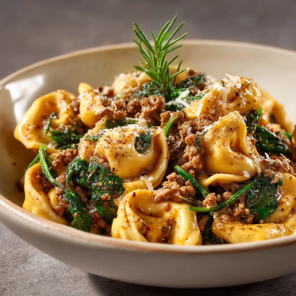 Beef and Spinach Tortellini in Garlic Butter Sauce 1 Seasoned ground beef browning in a skillet next to wilted spinach before the tortellini is added.