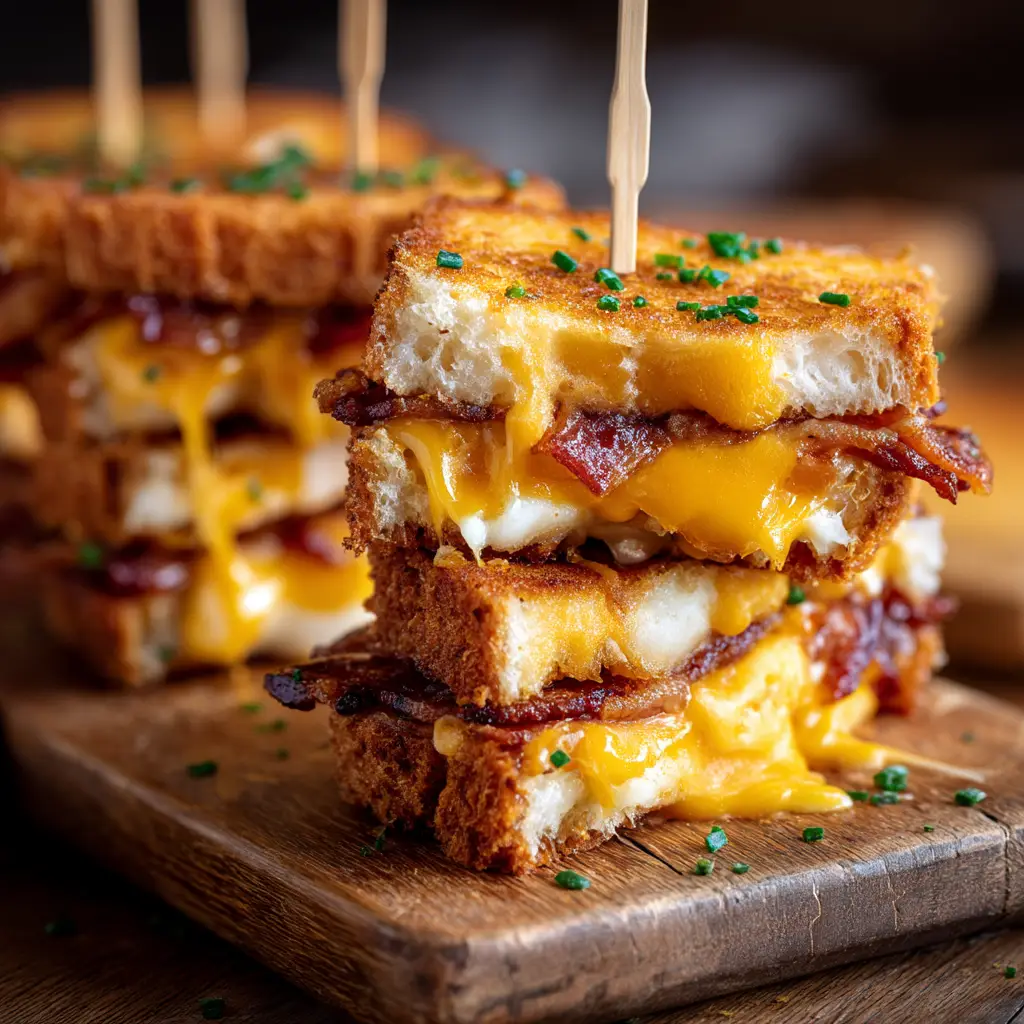 Photorealistic close up of glistening crispy bacon wrapped around grilled cheese topped with finely chopped chives.