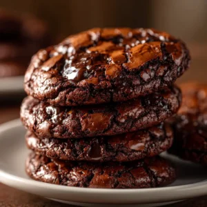 Macro shot of a thick brownie cookie showing a glossy, crinkled surface and dark chocolate color.