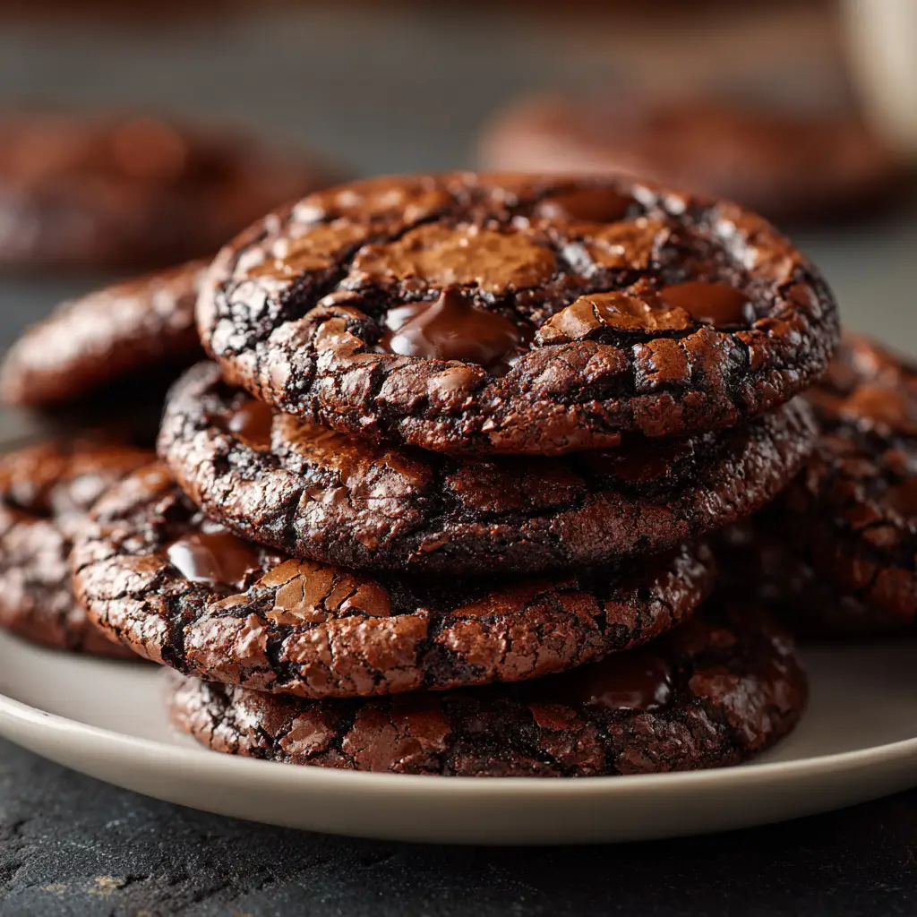 Close-up of freshly baked brownie cookies piled on a white plate under warm kitchen lighting.