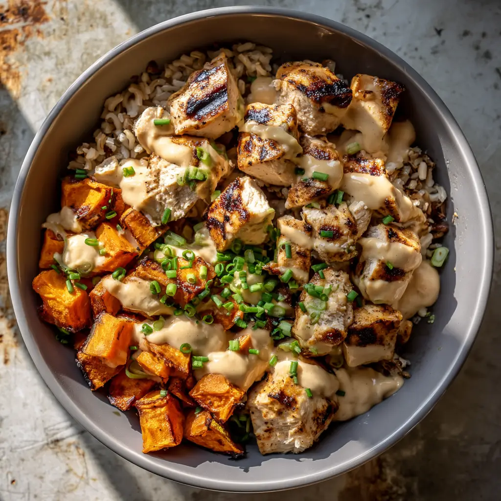 Close-up of fresh ingredients for a Chicken and Sweet Potato Rice Bowl including cubed chicken, diced sweet potatoes, and fresh chives.