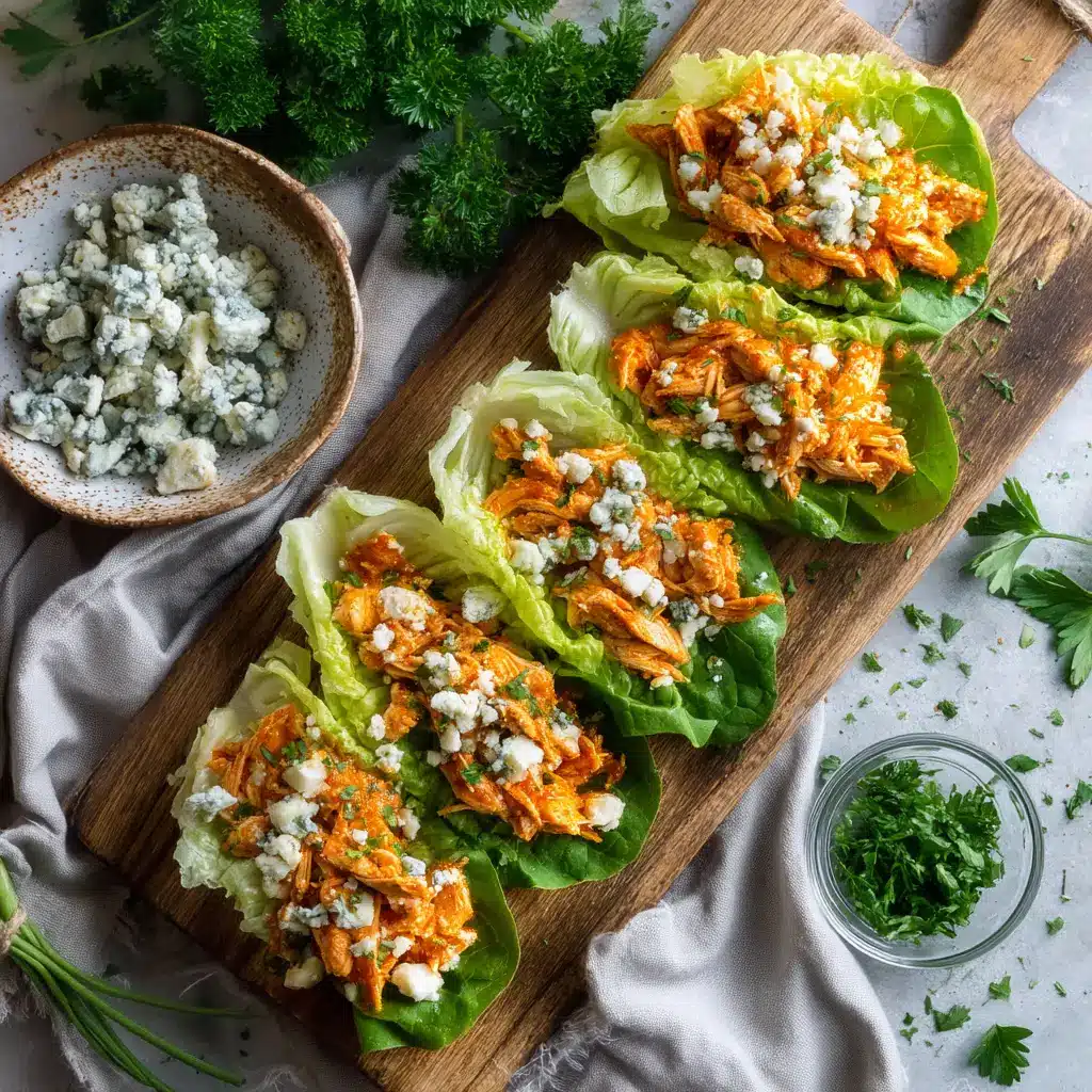 Neatly arranged buffalo chicken lettuce wraps with a small rustic pottery bowl of blue cheese crumbles.