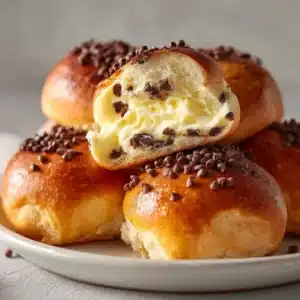 Several glossy golden-brown brioche buns piled on a white ceramic plate, sprinkled with mini chocolate chips.