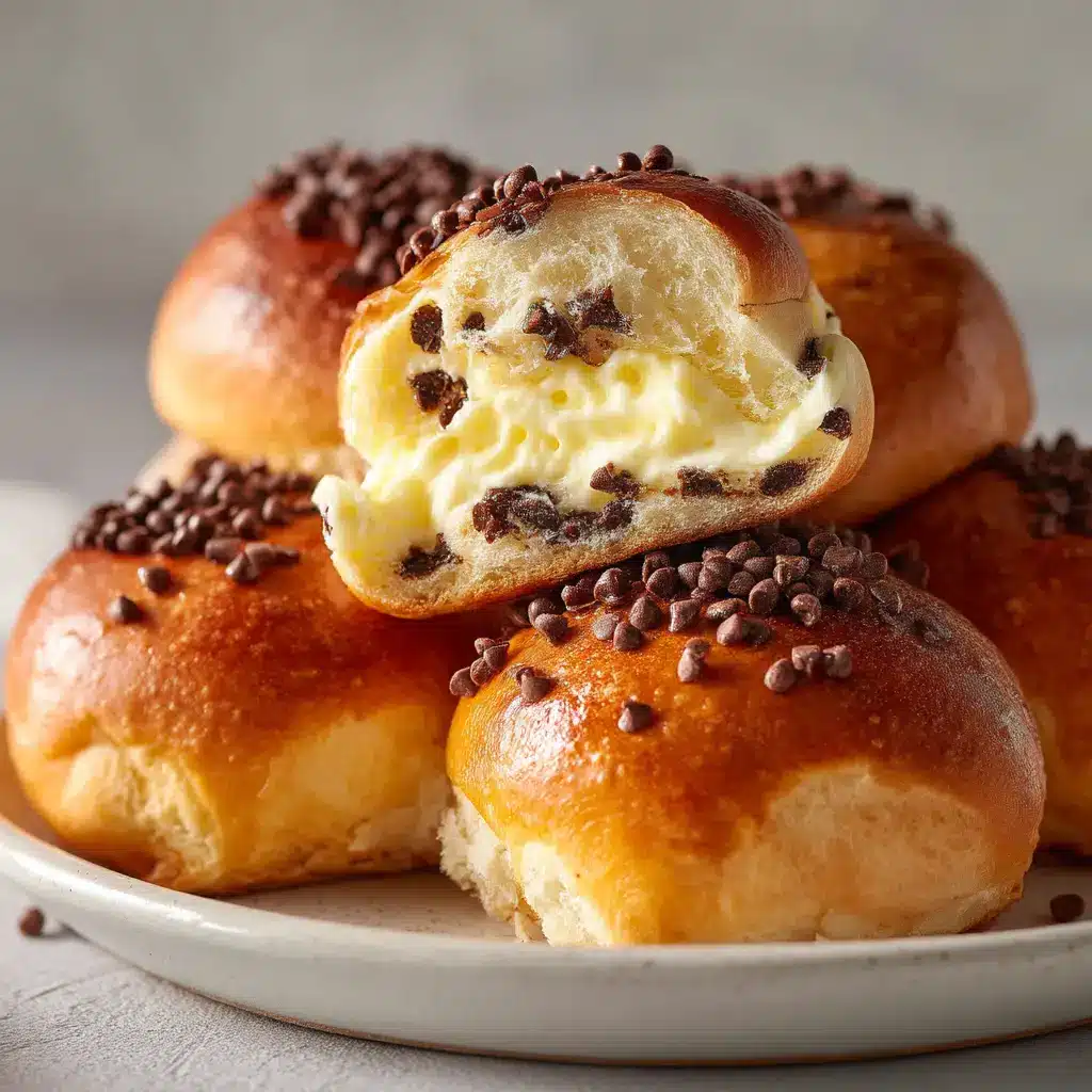 Several glossy golden-brown brioche buns piled on a white ceramic plate, sprinkled with mini chocolate chips.