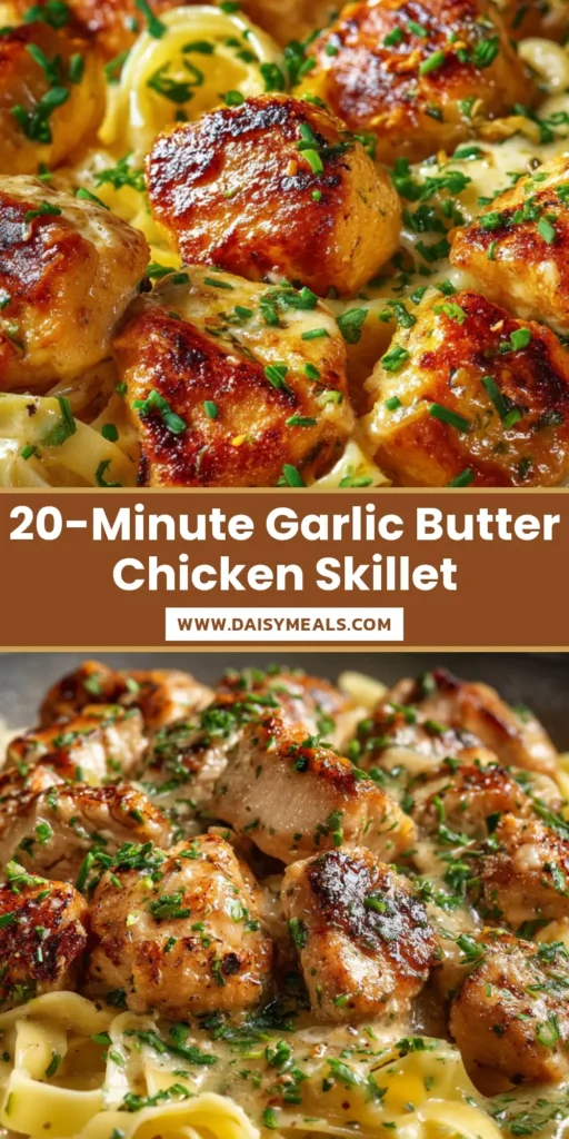 Creamy Garlic Butter Chicken Bites with Fettuccine 3 A pan full of juicy golden-brown Garlic Butter Chicken bites over fettuccine, garnished with fresh chives.
