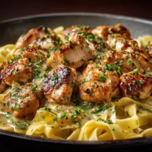 Extreme close-up of fresh raw ingredients for garlic butter chicken including garlic, herbs, and chicken breast.