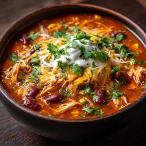 Close up of Slow Cooker Chicken Enchilada Soup ingredients highlighting red enchilada sauce, chicken breasts, kidney beans, and corn.