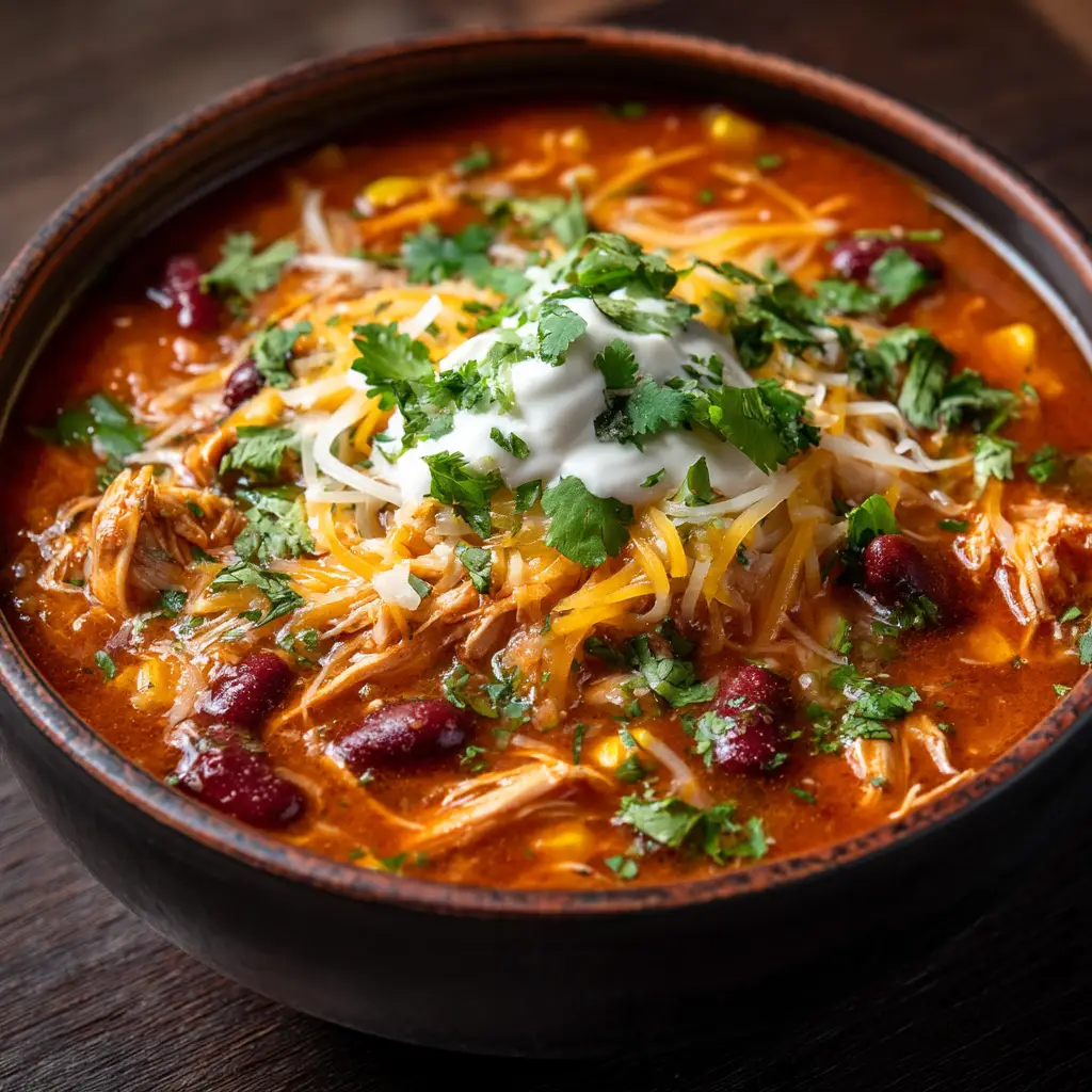 Close up of Slow Cooker Chicken Enchilada Soup ingredients highlighting red enchilada sauce, chicken breasts, kidney beans, and corn.