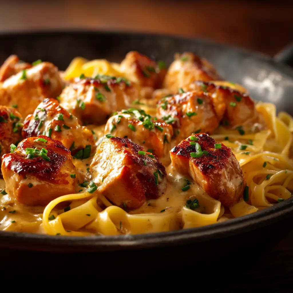 Creamy Garlic Butter Chicken Bites with Fettuccine 1 Juicy chicken bites searing in a hot skillet achieving a golden-brown crust.