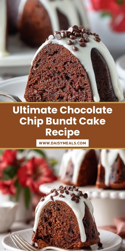 Ultimate Dark Chocolate Chip Bundt Cake 3 A close-up of a moist, fudgy slice of dark chocolate chip bundt cake topped with thick dripping white icing and mini chocolate chips.