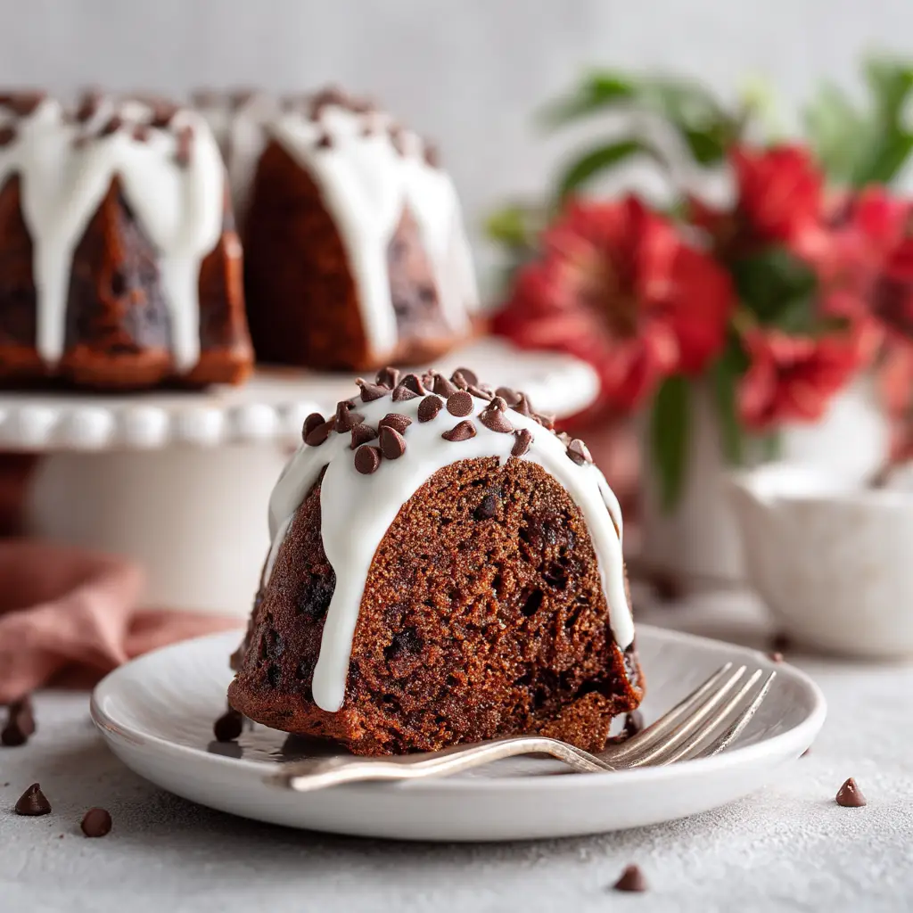 Ultimate Dark Chocolate Chip Bundt Cake 1 Beautifully baked chocolate chip bundt cake with heavy white icing dripping down the fluted sides, garnished with mini chocolate morsels.