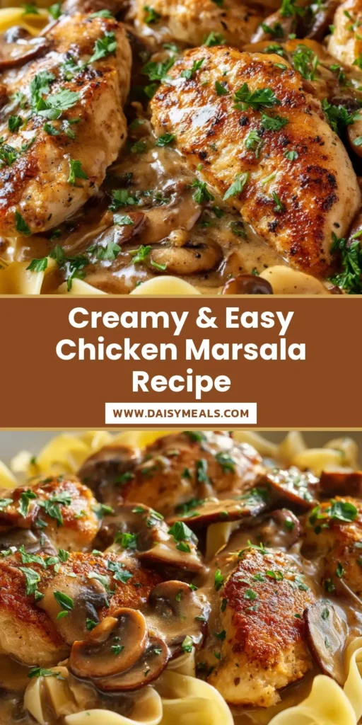Creamy Chicken Marsala over egg noodles served in a shallow white bowl, garnished with fresh parsley.