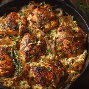 Extreme close up of savory French onion chicken and orzo dish in a black cast iron skillet.
