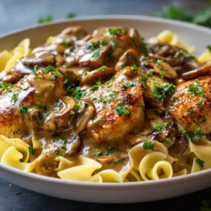 Fresh ingredients for Chicken Marsala including cremini mushrooms, chicken breasts, heavy cream, and Marsala wine.