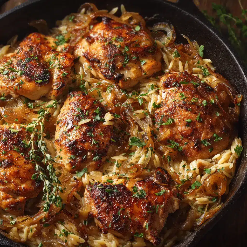 Top-down view of French onion chicken orzo sprinkled with fresh chopped parsley and thyme.