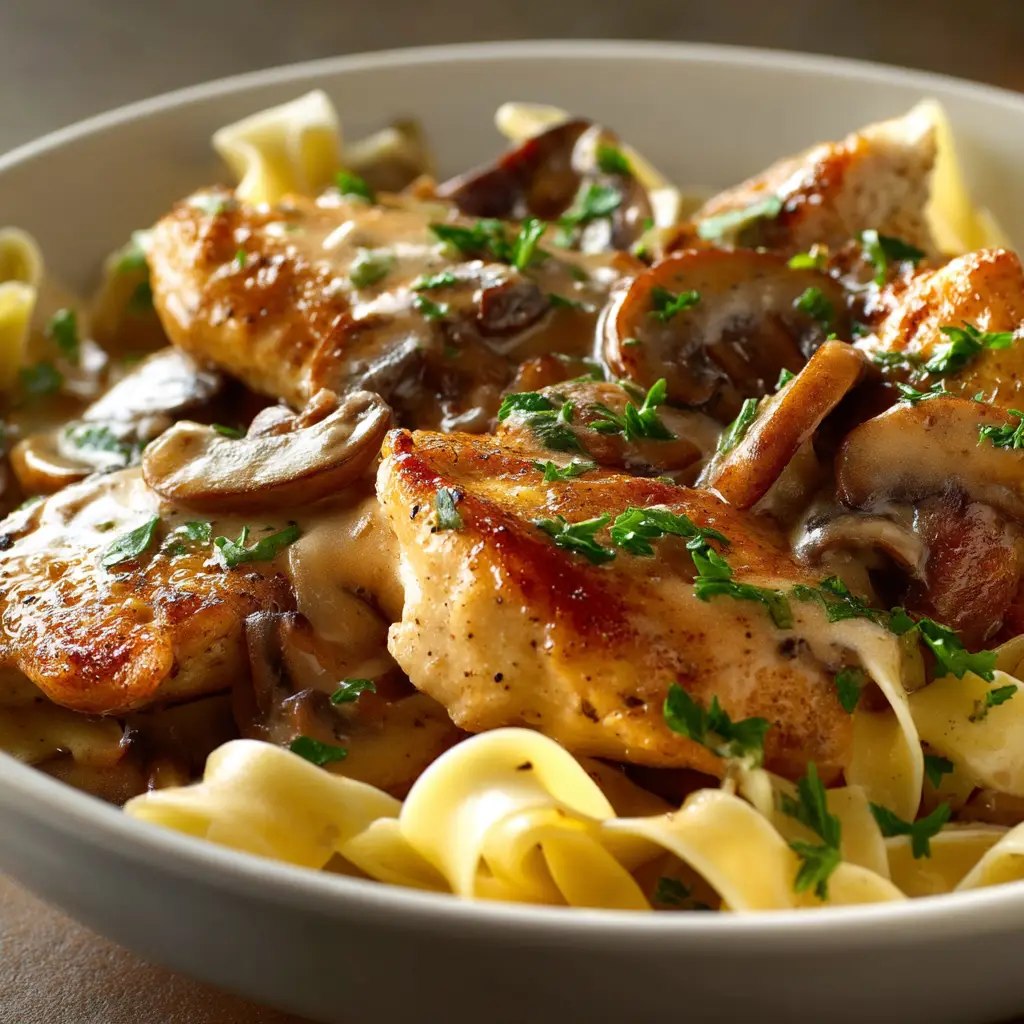 Golden-brown seared chicken breasts simmering in a rich, light-brown Marsala wine sauce with sautéed mushrooms.