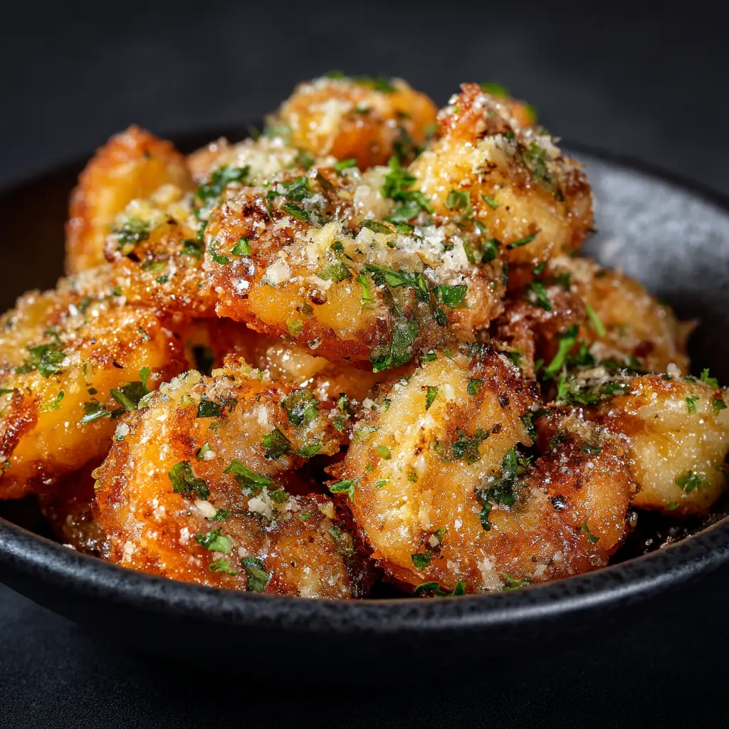 Extreme close-up showing the hyperrealistic texture of fresh raw shrimp being coated in parmesan cheese and cornstarch.