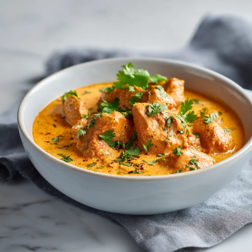 Simmering Indian butter chicken in a skillet showing the vibrant creamy orange color and tender chicken chunks.