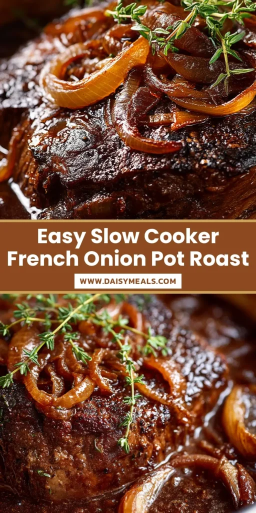 A rustic and tender French onion pot roast glistening with a dark brown gravy and caramelized onions, garnished with fresh thyme.