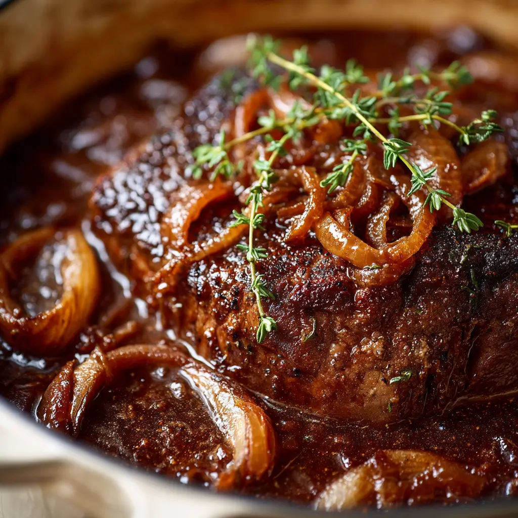 A raw chuck roast being seasoned next to a pile of sliced yellow onions and fresh thyme for French onion pot roast.