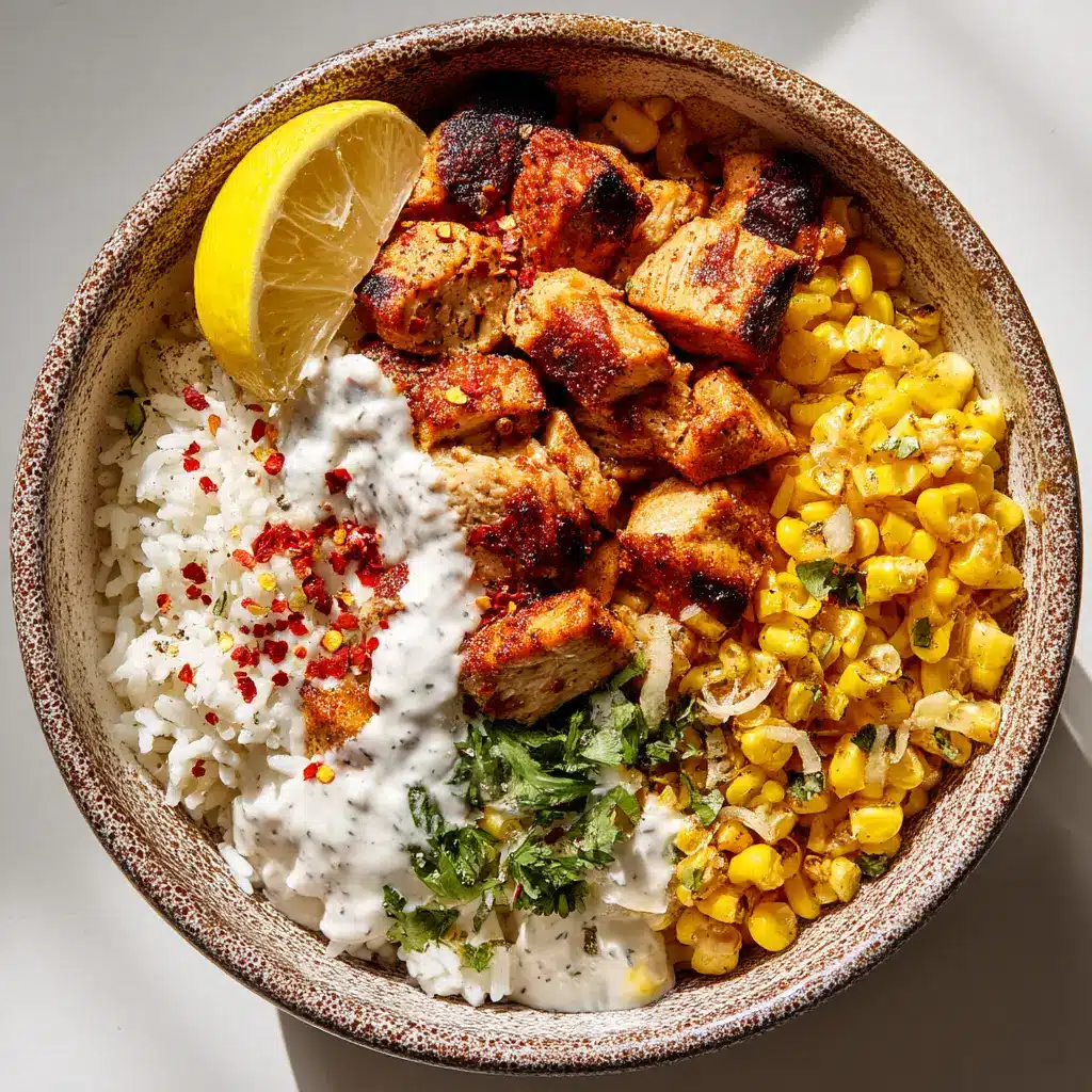 Vibrant overhead shot of fluffy white rice sprinkled with cilantro, golden charred corn, and seared chicken in a rustic bowl.