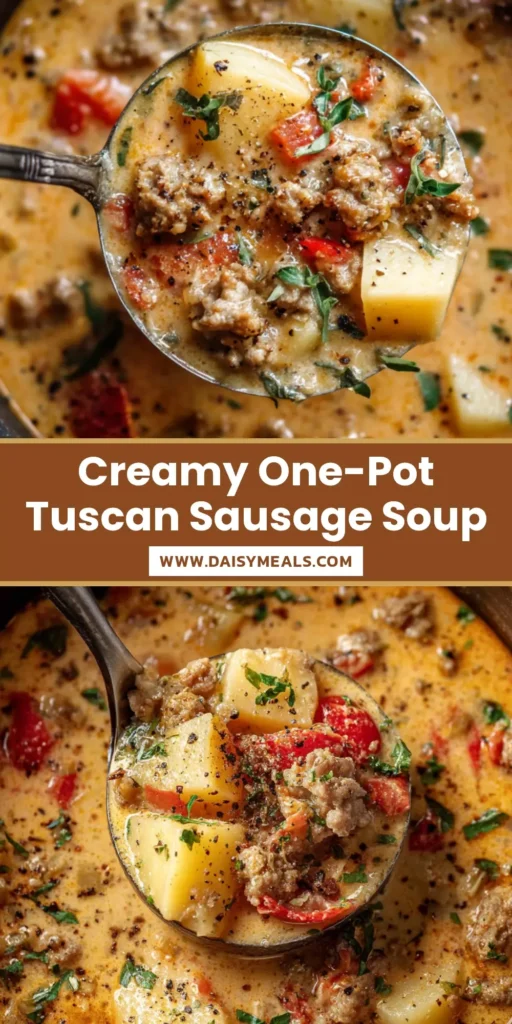 Creamy Tuscan Sausage and Potato Soup 3 Overhead shot of creamy Tuscan sausage and potato soup in a dark rustic pot with hearty potato chunks and crumbled sausage.