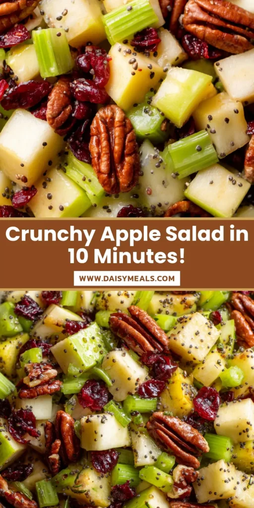 A rustic ceramic bowl filled with an Apple Salad Recipe featuring diced green and pale yellow apples, crisp celery sticks, whole pecans, and dried red cranberries.