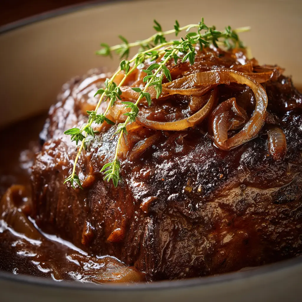 Extreme close up of French onion pot roast cooking in a white enameled dutch oven with dark brown gravy.