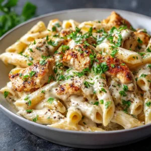 A photorealistic shot of freshly cooked penne coated in a velvety white cheese sauce with golden-brown chicken.