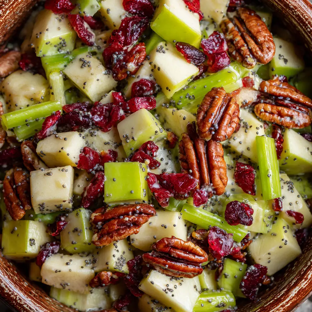 Overhead extreme close-up of a vibrant Apple Salad Recipe showing sharp textures of fresh fruit, crisp celery, nuts, and tiny black poppy seeds.