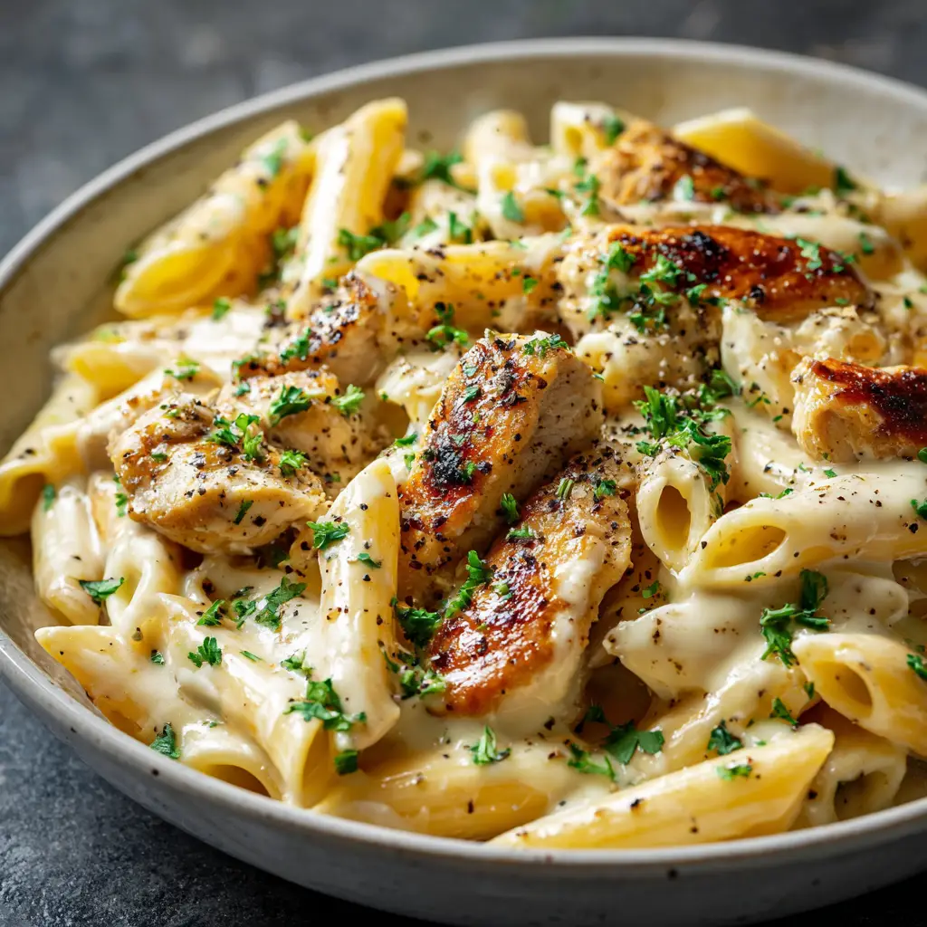 Close up of golden brown seared chicken pieces resting in a white cheddar sauce over penne.