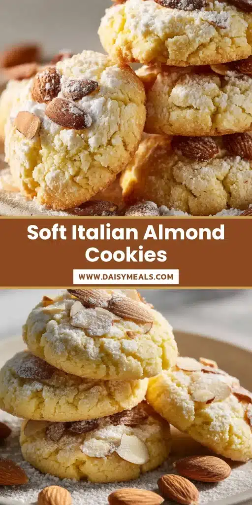 A stack of soft Italian Almond Ricotta Cookies on a ceramic plate, topped with toasted almonds and heavily dusted with powdered sugar.