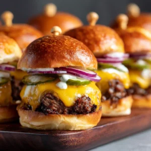 Ingredients for smash burger sliders including 80/20 ground beef, cheddar cheese, provolone, brioche buns, pickles, and red onion.