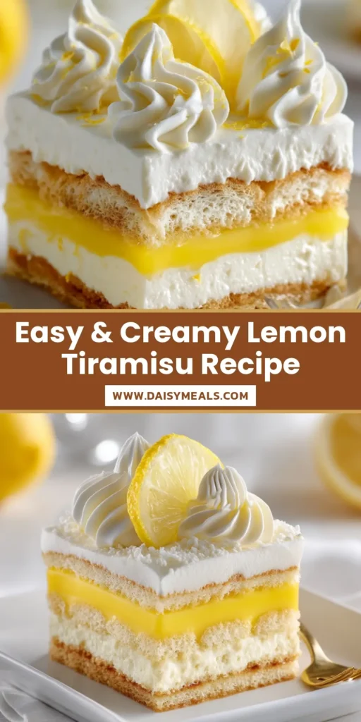 A stunning, perfectly sliced Lemon Tiramisu Recipe with vibrant yellow lemon curd and white mascarpone cream layers, garnished with piped whipped cream and a lemon slice.