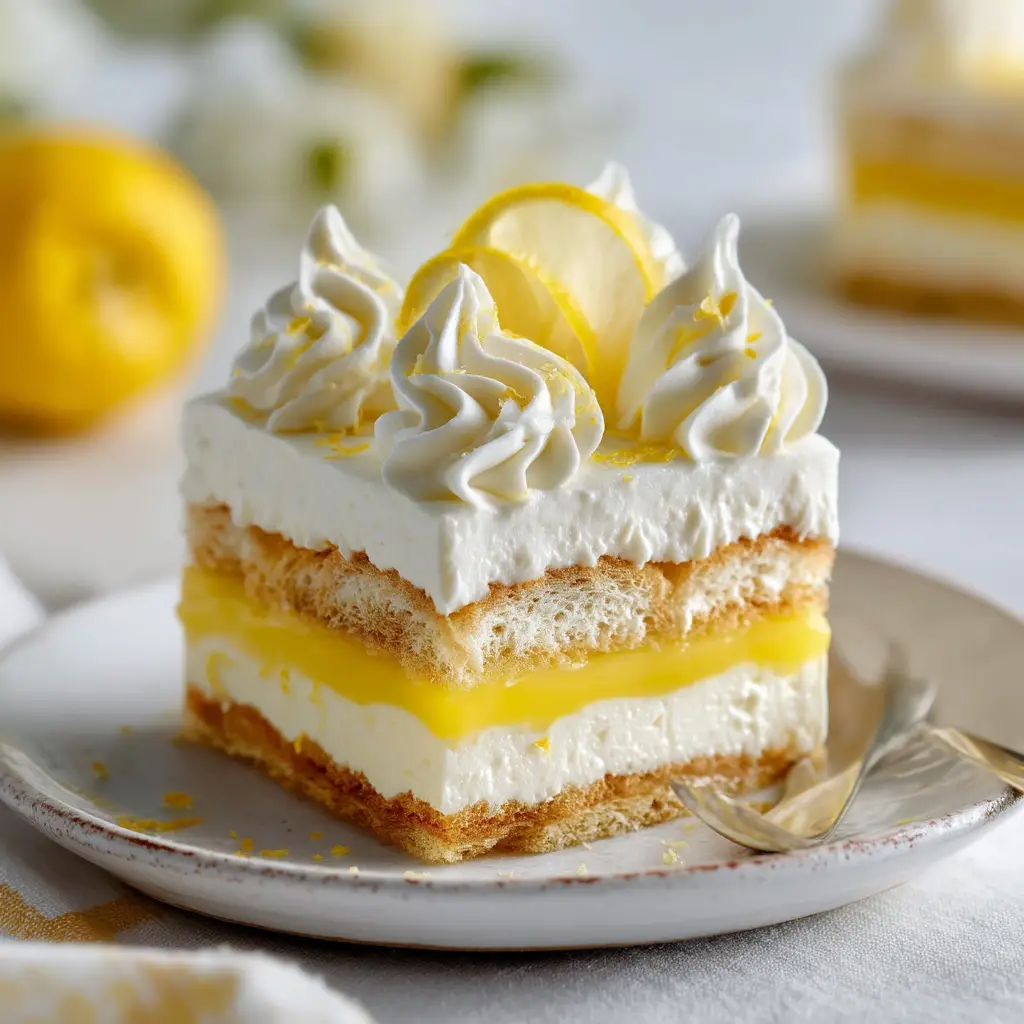 A photorealistic food photograph of a perfect square slice of lemon tiramisu on a white ceramic dessert plate, showing distinct layers.