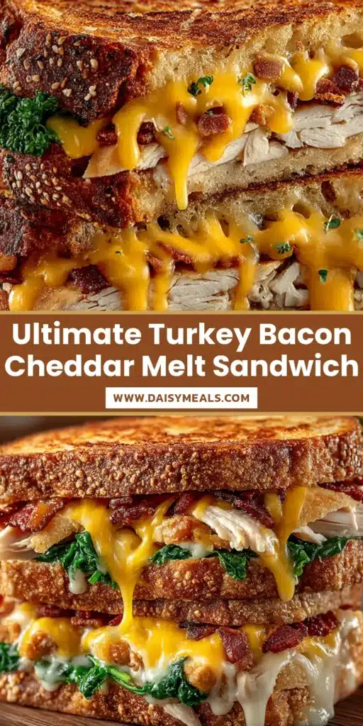 A photorealistic gourmet cheddar bacon turkey melt sandwich sliced in half on a rustic board with gooey cheese dripping down the sides.