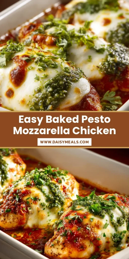 Baked Pesto Mozzarella Chicken 4 A beautiful white ceramic baking dish filled with four Baked Pesto Mozzarella Chicken breasts in marinara sauce.