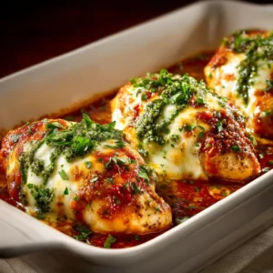 Close-up photorealistic shot of raw ingredients and seasonings for Baked Pesto Mozzarella Chicken.