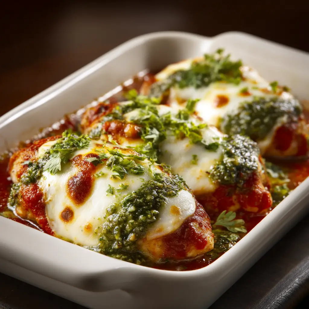 Baked Pesto Mozzarella Chicken 1 Close-up of baked chicken breasts in a white rectangular ceramic baking dish nestled in red marinara sauce, topped with green pesto, bubbly mozzarella cheese, and chopped parsley.