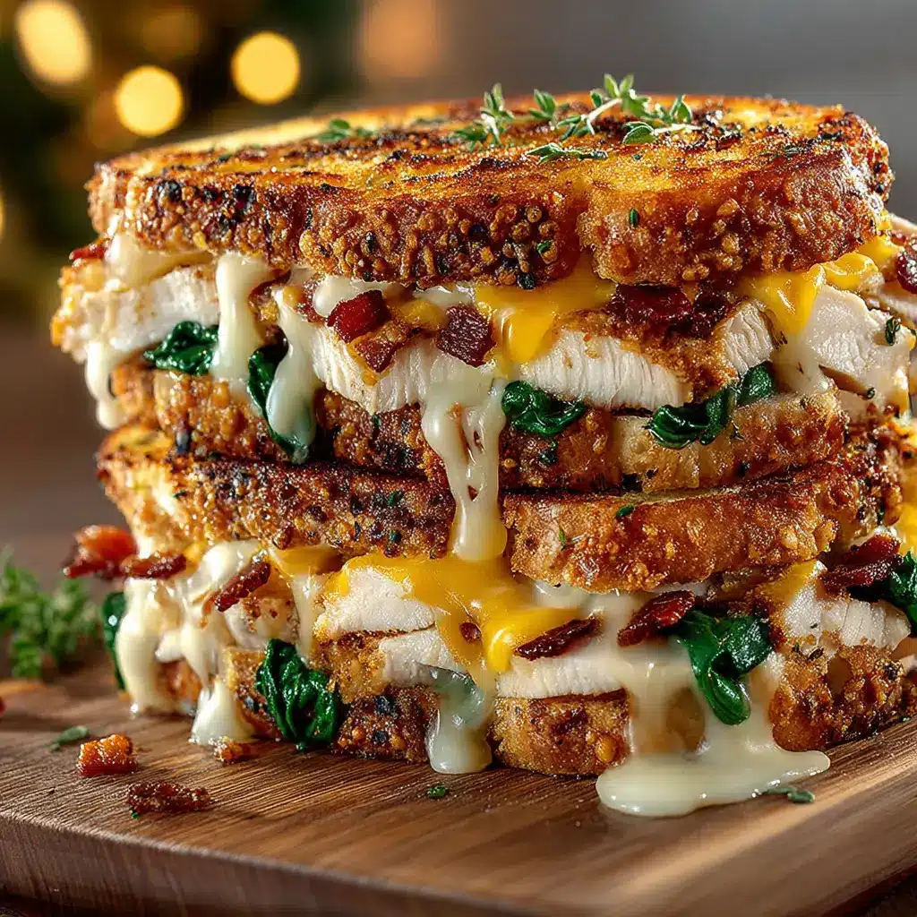 Close up view of the ingredients for a turkey melt including artisan sourdough, fresh spinach, sliced turkey, and sharp cheddar.