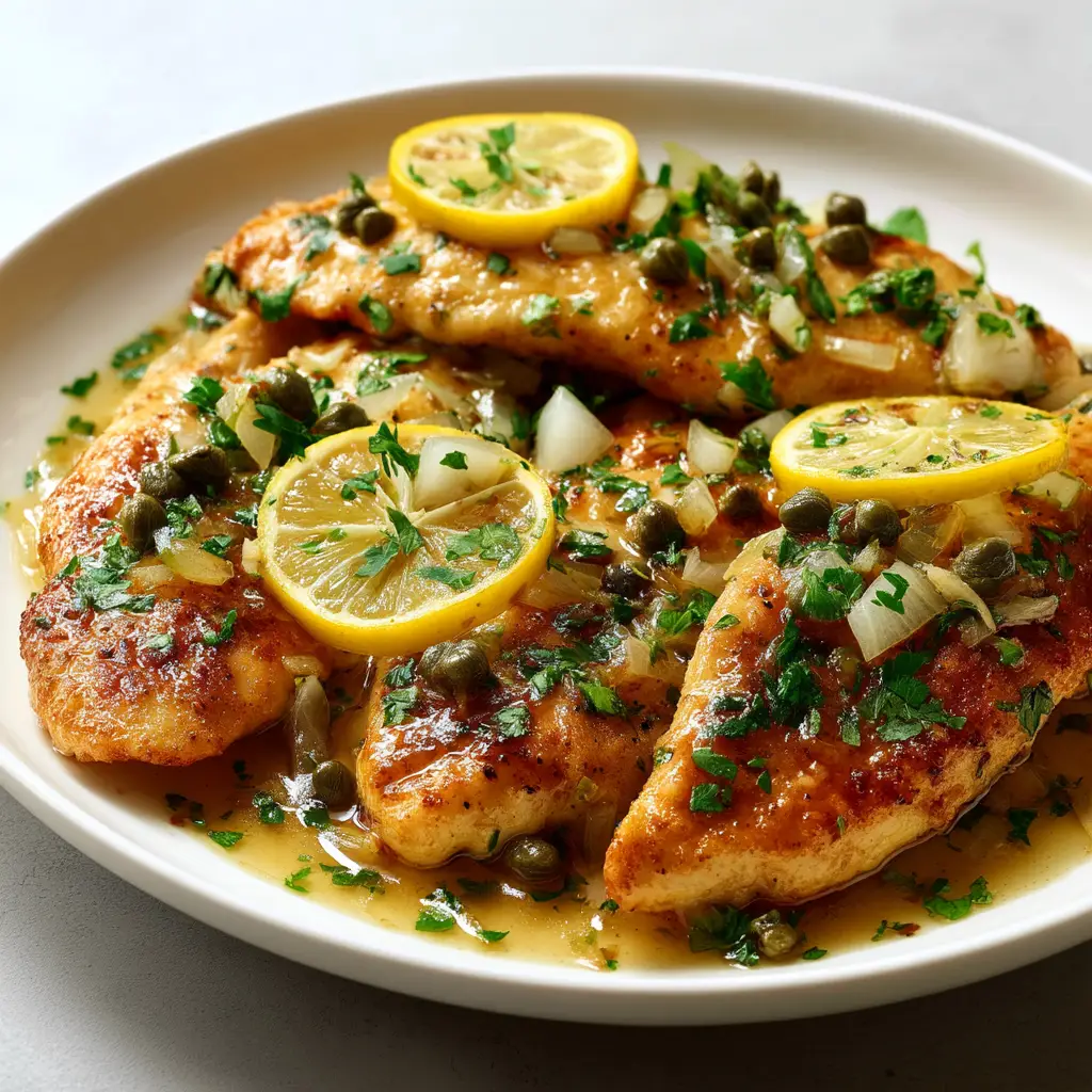 A close-up of ingredients for a Chicken Piccata Recipe including fresh parsley, lemon wheels, and golden-brown pan-seared chicken cutlets.