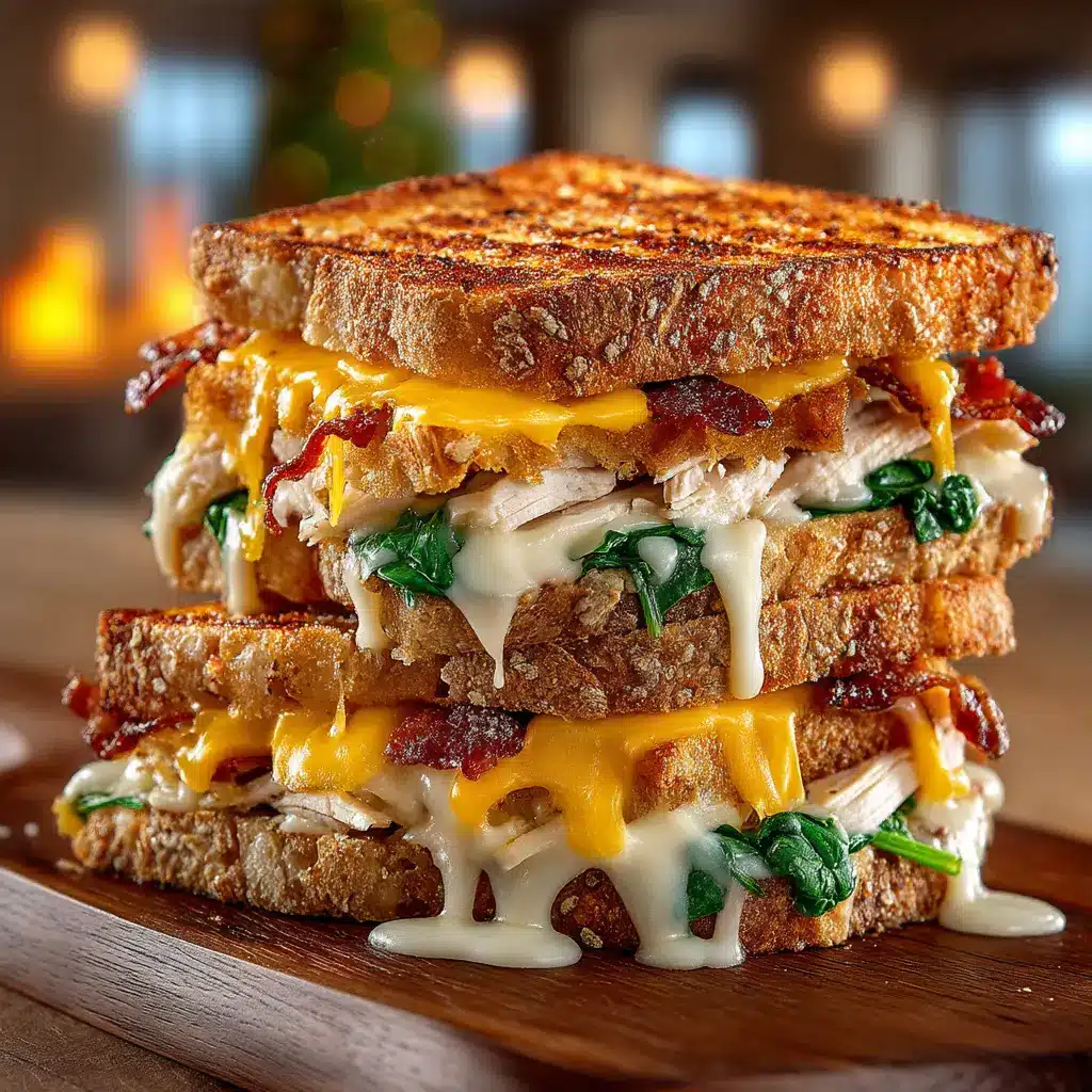 Two halves of a perfectly grilled turkey melt stacked on top of each other showing thick layers of turkey and dripping melted cheese.