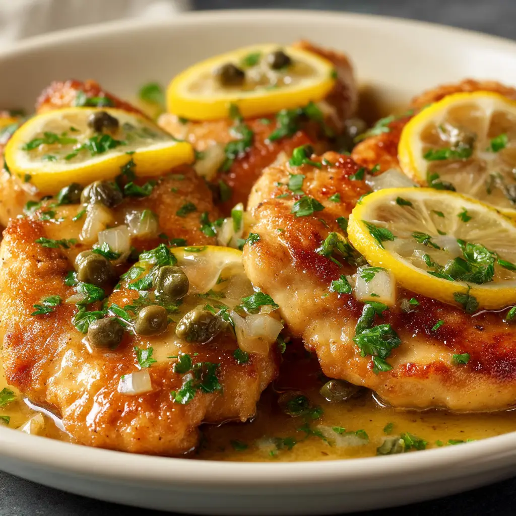 A glistening, buttery lemon caper sauce coating golden-brown chicken piccata on a simple white plate.